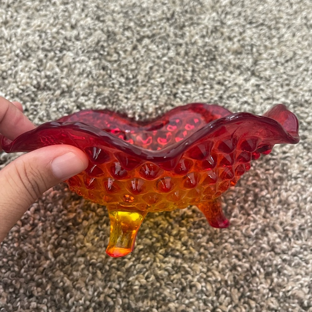 Fenton Vintage Ruby Red Amberina 3-Toed Hobnail Patterned Candy Dish - Picture 2 of 5
